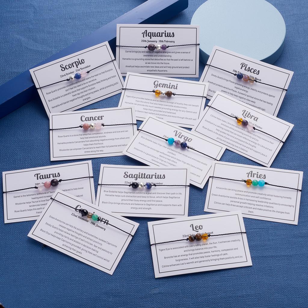 12 Constellation Bracelet Crystal Beads Rope Chain Bracelets for Women Zodiac Sign Libra Aries Wish Card Birthday Jewelry Gifts
