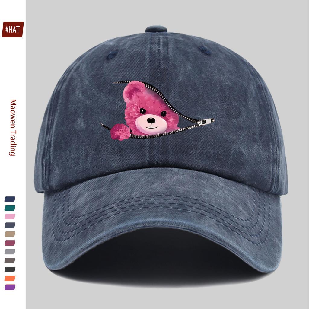 Pc Red Cartoon Teddy Bear Print Baseball Cap Home Leisure Decorative Hat Colorful Floral Print Papa Hat with Adjustable Buckl