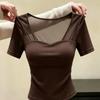 French pure desire style retro splicing gauze design square neck short-sleeved T-shirt women's summer new temperament top