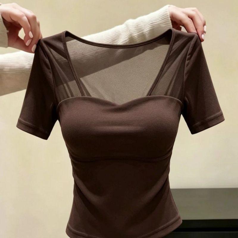 French pure desire style retro splicing gauze design square neck short-sleeved T-shirt women's summer new temperament top