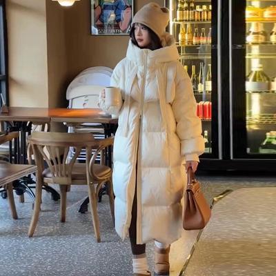 White Duck Down Long Down Jacket Women's 2025 Winter New Fashion Thickened Hooded Loose Warm Knee Jacket
