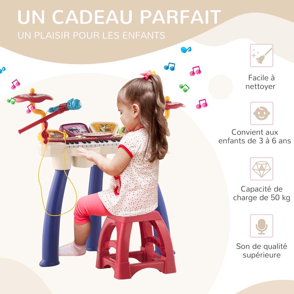 2-in-1 Kids Music Set Piano and Electronic Drums with Microphone and Stool