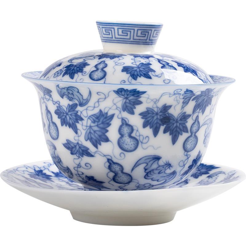 Jingdezhen Ercai Gaiwan Blue And White Porcelain Hand-Painted Fulu Picture Tea Bowl Single High-End Ceramic Glaze Kung Fu Tea Cup
