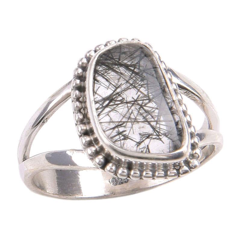 Natural Black Rutile Gemstone 925 Solid Sterling Silver Jewelry Ring Size 6 Z9W51