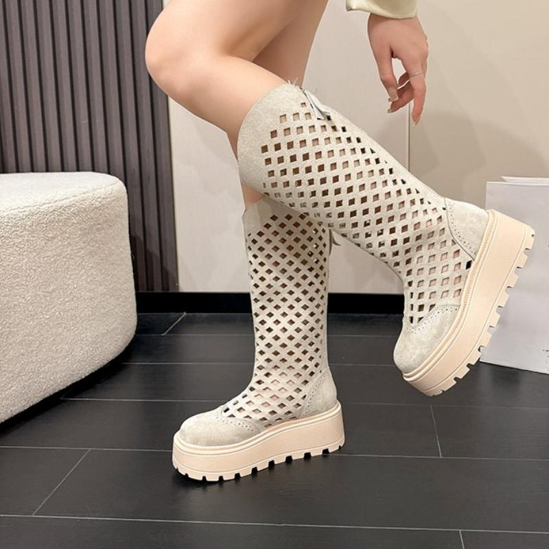 Fashion Women's High Boots Round Head Flannelette Mesh Back Zipper Waterproof Platform Anti-slip and Wear-resistant Mid-heels