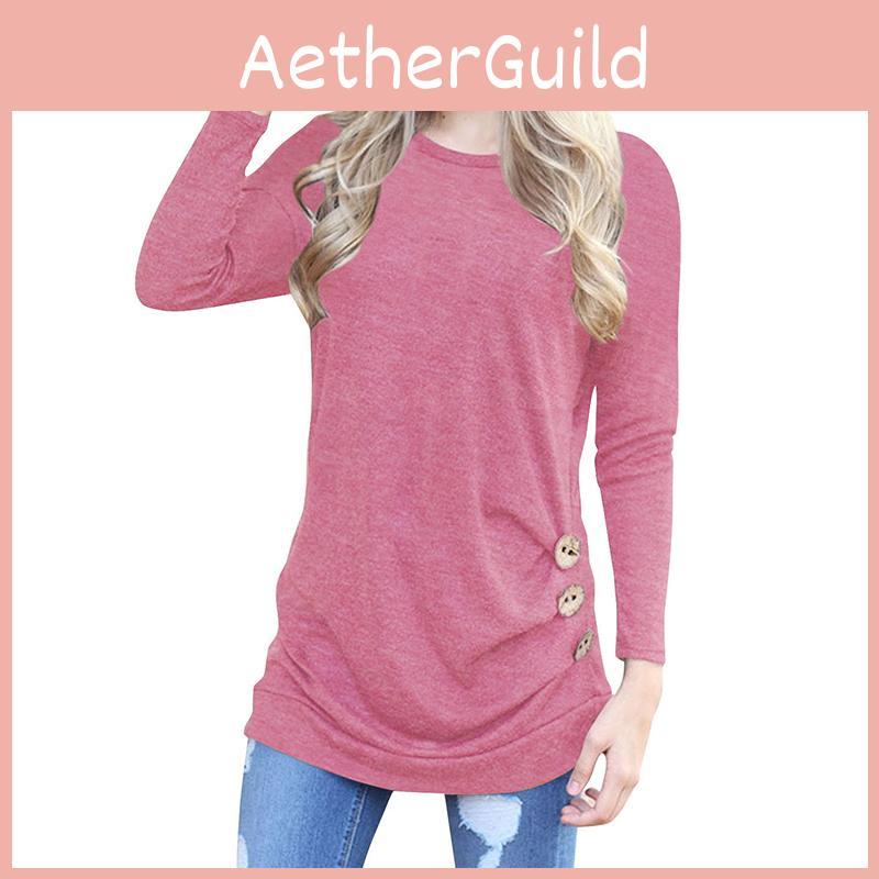 Fashion Women Long Sleeve Casual Blouse Stylish Tunic With Brown Button Accents