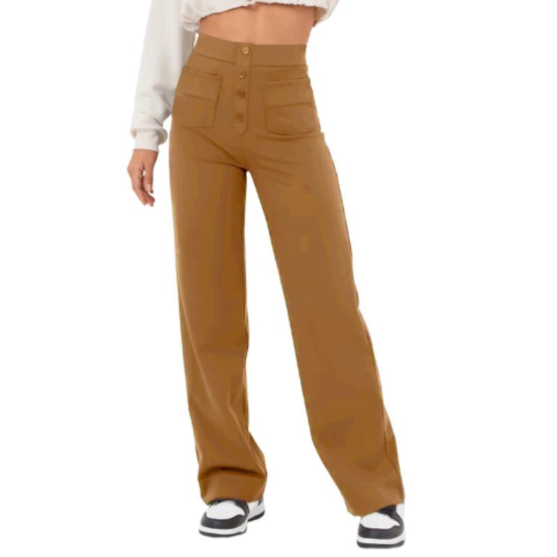 Pantaloni casual da donna alla moda a gamba dritta, pantaloni elasticizzati con bottoni a vita alta e tasche multiple