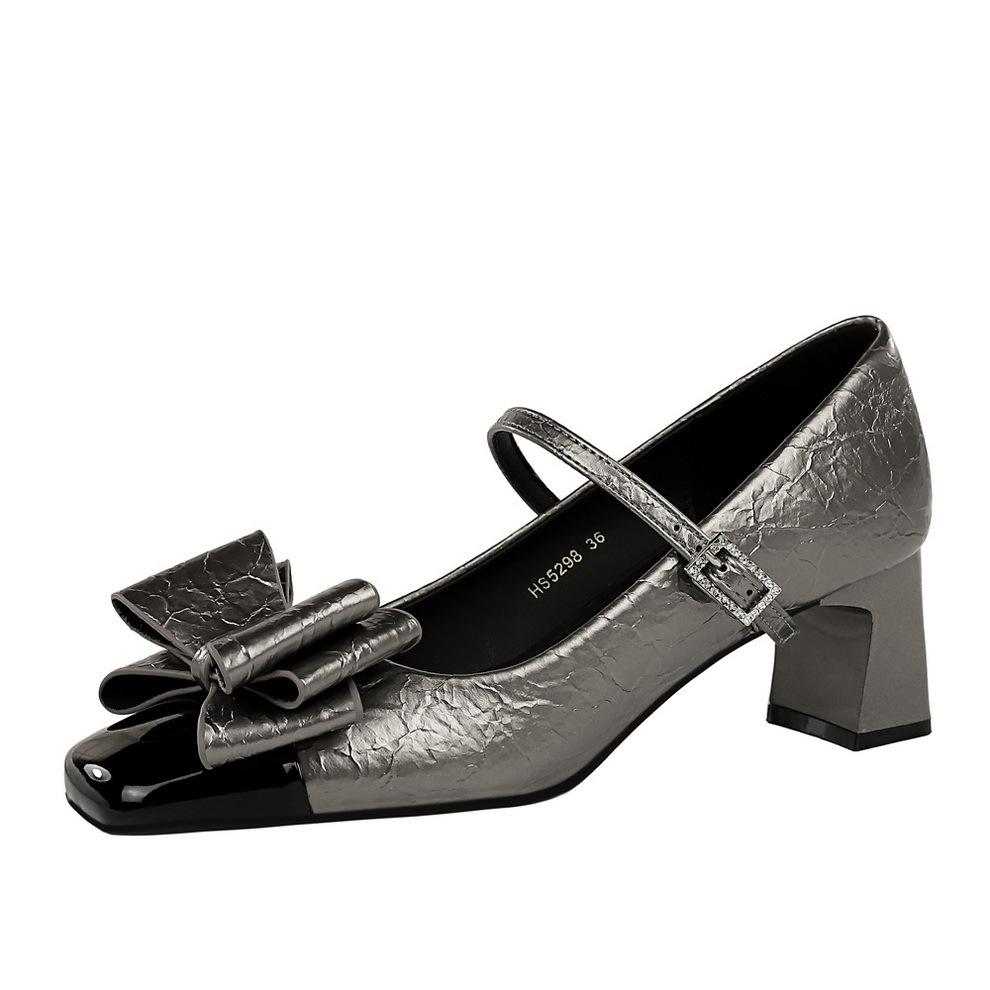 Fashion Classic Thick Heel Bow Decoration Lady Pumps Simple Square Head Explosion Crack Leather Women Single Shoes Fashion Dress Shoe
