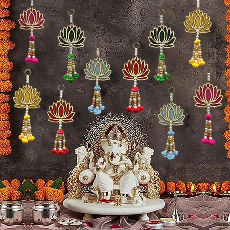 

Деревянный ручной работы Лотос Разноцветный, в стиле помпонов, Упаковка из 10 штук, для украшения Ганапати, украшения Дивали, Врат Вар Лакшми| Настенные подвески для украшения дома,