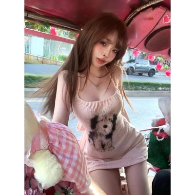 Japanese Kawaii Mini Dress Women Casual Vintage Y2k Knitted Dress Evening Party Clothing Office Lady Sleeveless Bodycon Slim