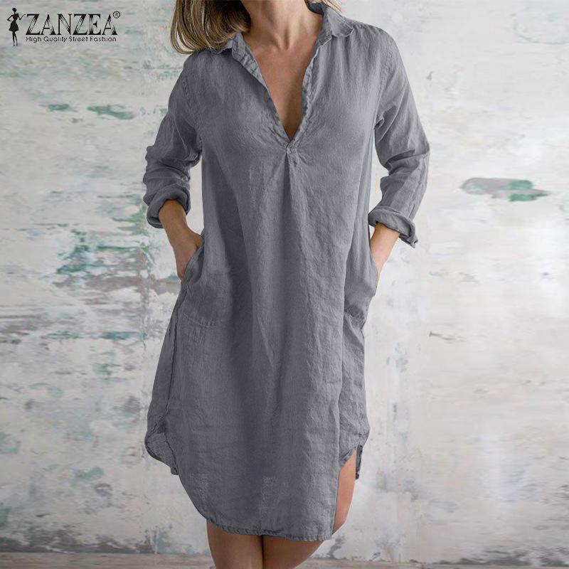 

ZANZEA Женское повседневное летнее платье с отложным воротником и длинными рукавами