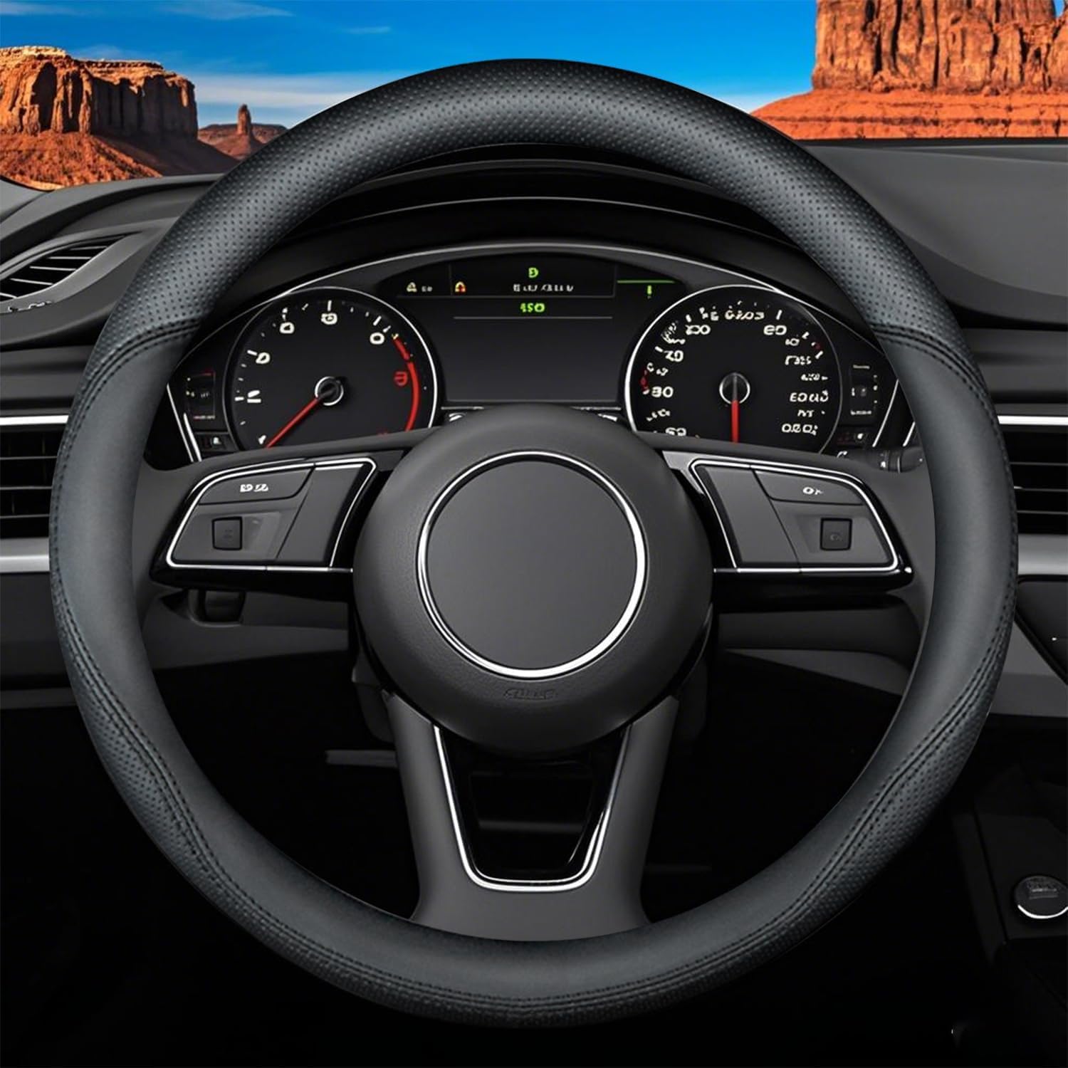 

Black leather steering wheel cover with black (black lines)