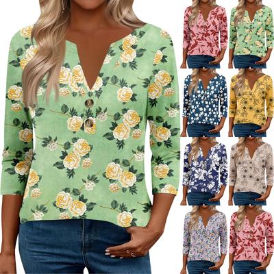3/4 Ärmel Damenoberteile für Frauen Henely-Tops Knopf V-Ausschnitt Locker sitzend Schick Damen Sommeroberteile