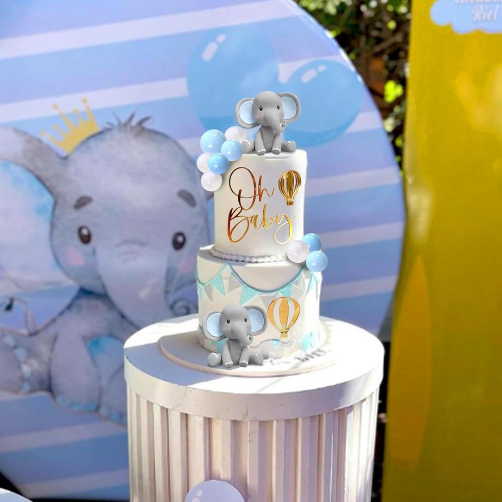 Elephant Cake Decoration Baby Cake Topper Blue White Pearl Balls Hot Air Balloon for Baby Shower Elephant Theme Birthday Party