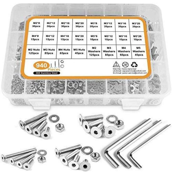 304 Stainless Steel Countersunk Head Hexagonal Screw with Flat Pad Nut Set 1225/940pcs Flat Cup Screw Box