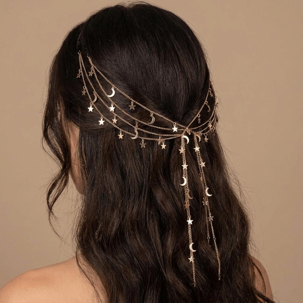 Moon Star Braided Hair Chain Boho Headpiece Trendy Hair Accessory Girls