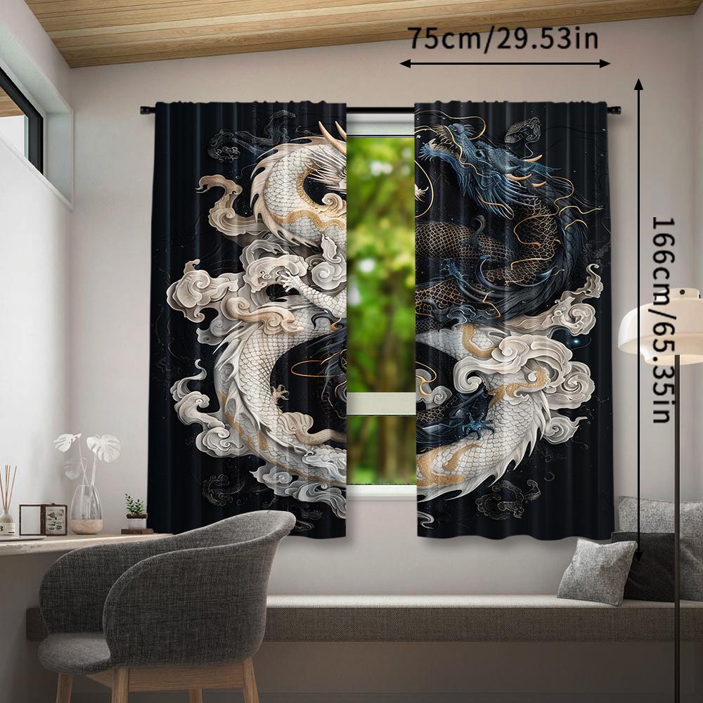 2pcs, Tai Chi Dragon Printed Curtains, Dragon Curtains Rod Pocket Window Treatment for Bedroom Living Room Kitchen Office Home Decor