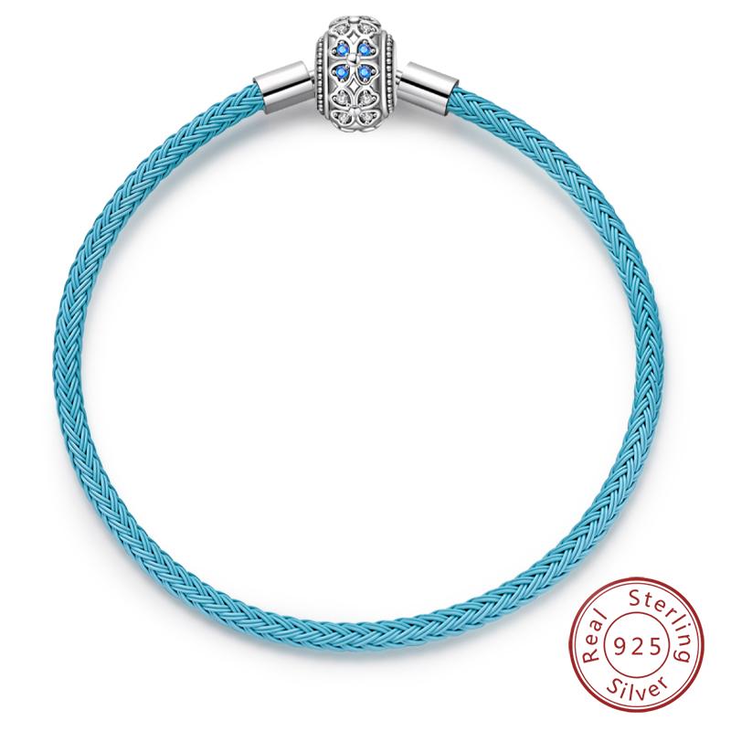 Bracelet 925 Silver Charm Bracelet 17-20CM Shell Blue Leather Rope Bracelet For Women DIY Charm Jewelry Gifts