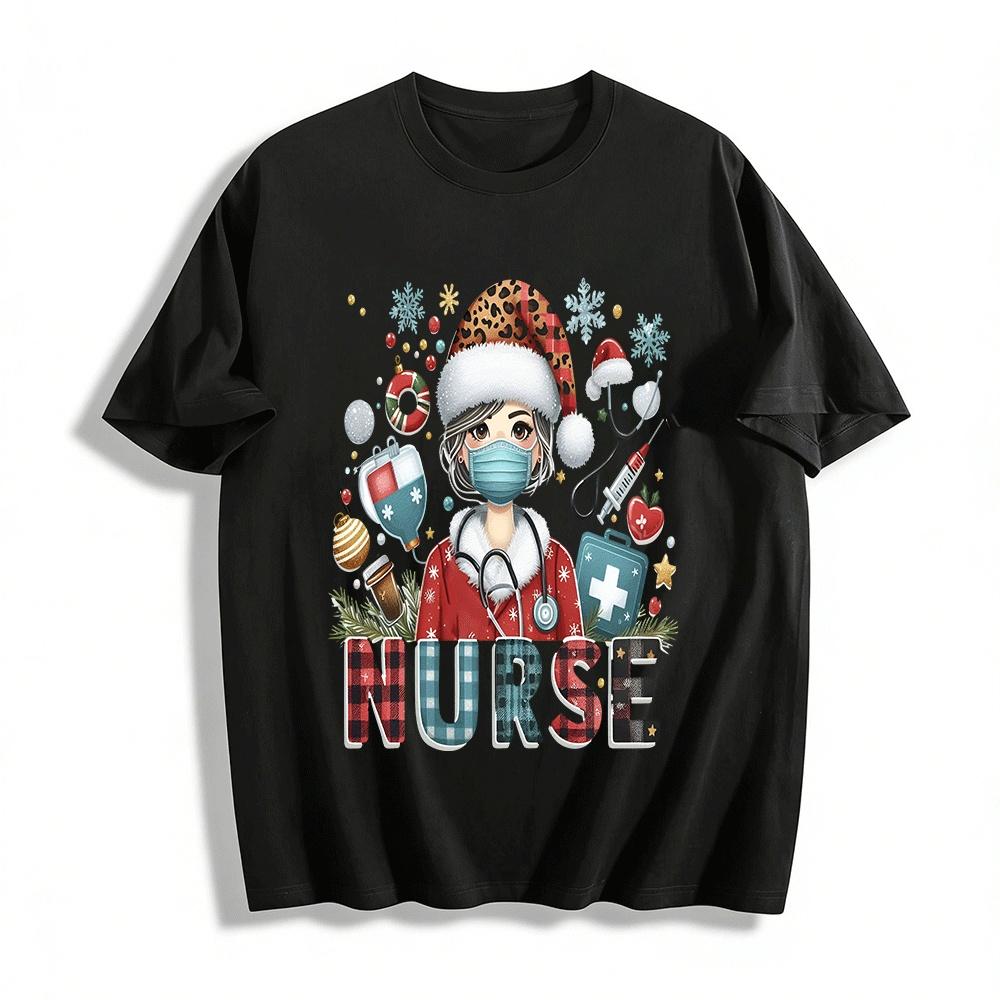 Christmas Nurse Themed Print Top Festival Nurse Commute Casual Tee Pure cotton T-shirt XXS