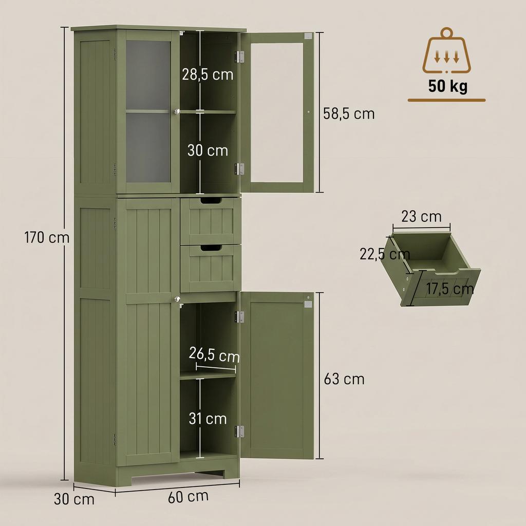 Tall Storage Unit, Cabinet with Glass Doors and Adjustable Shelves, Green