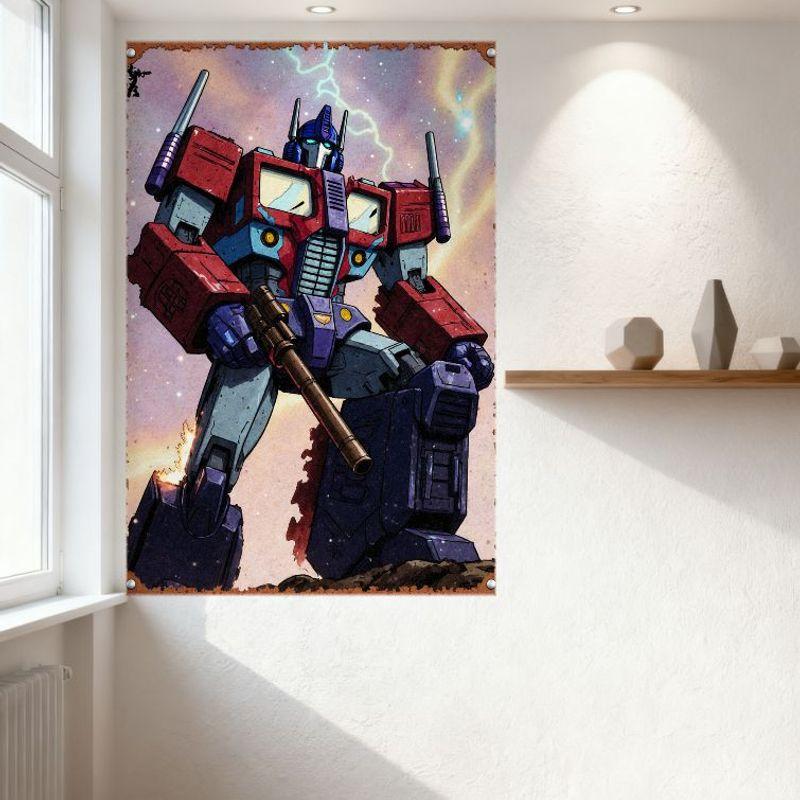 Vintage Transformers Optimus Prime Metal Tin Sign Dynamic Pose Comic Art Starry Sky Lightning Wall Plaque for Home Bar Man Cave