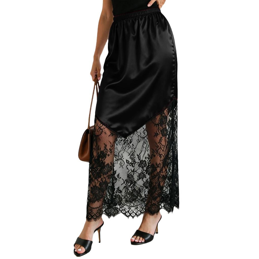 Women's Lace Maxi Skirt with Satin A-Line and High Elastic Waist for Daily Wear