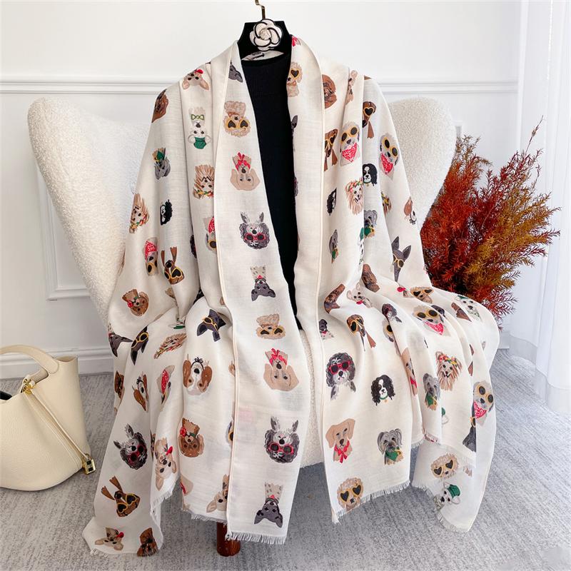 Lovely Cat Print Cotton Scarf for Women Floral Tassel Headscarf Shawl Linen Travel Handkerchief Wrap Ventilate Muslim Hijab