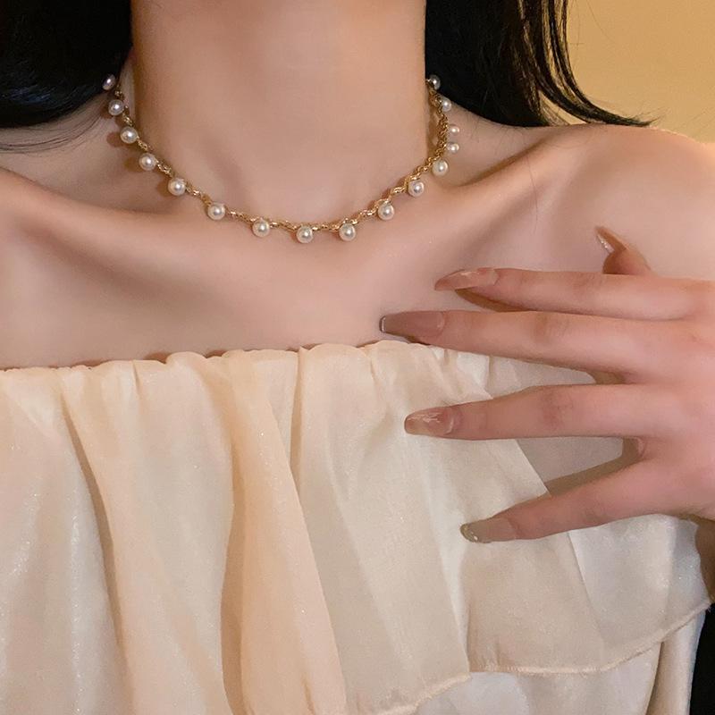 Diamant Schleife Perlenkette High Sense Choker Halskette Licht Luxus Nische Kleid Schlüsselbeinkette