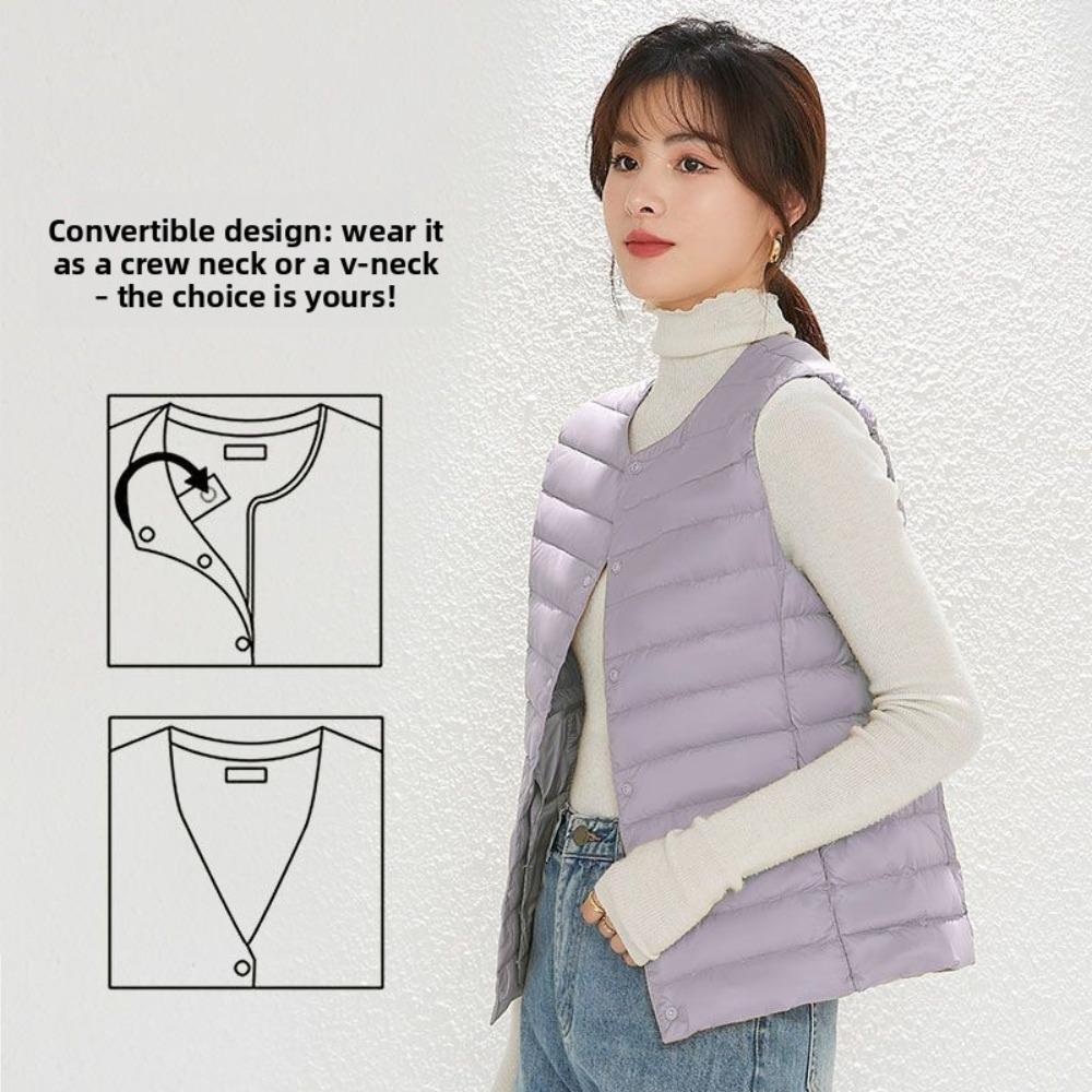 Women Collarless Down Vest Lightweight V Neck Warm Inner Liner Plus Size