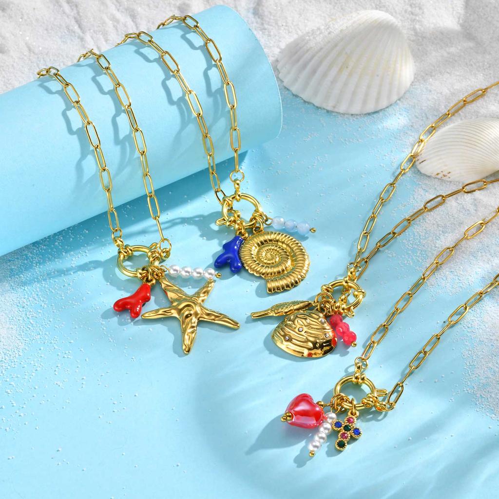 Sommer Strand Boho Halskette für Damen, Seestern Muschel DIY Anhänger Halskette, Blasenverschluss Edelstahl Schmuck Geschenk