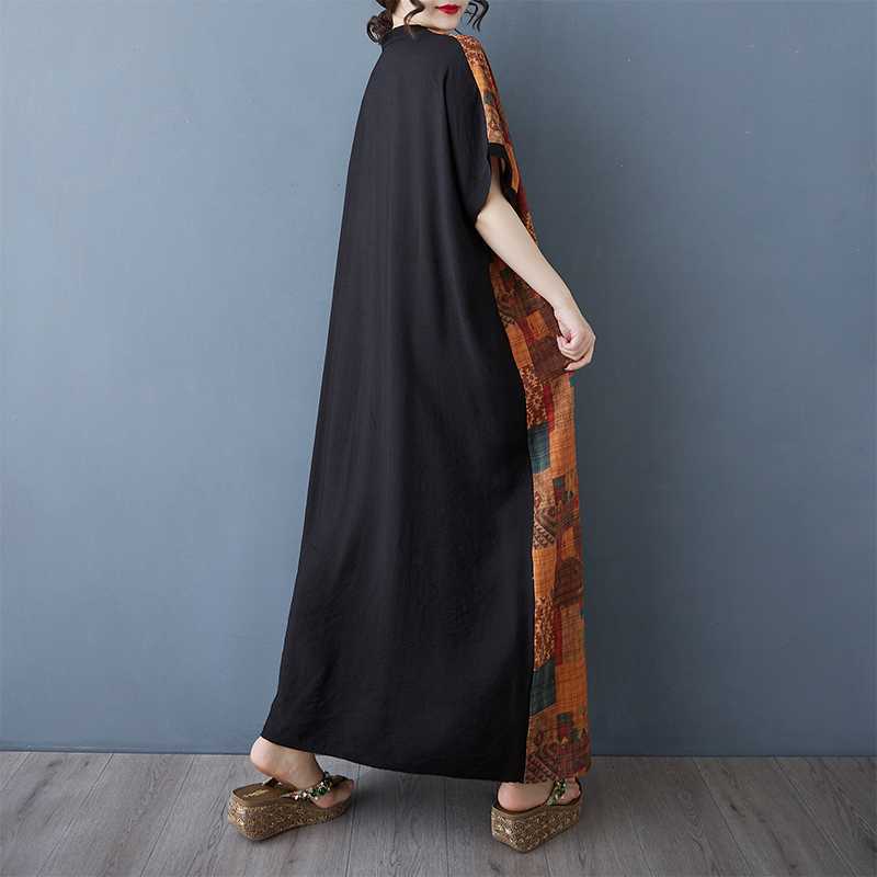 Women's Color Patchwork Black Long Dress Retro Robe