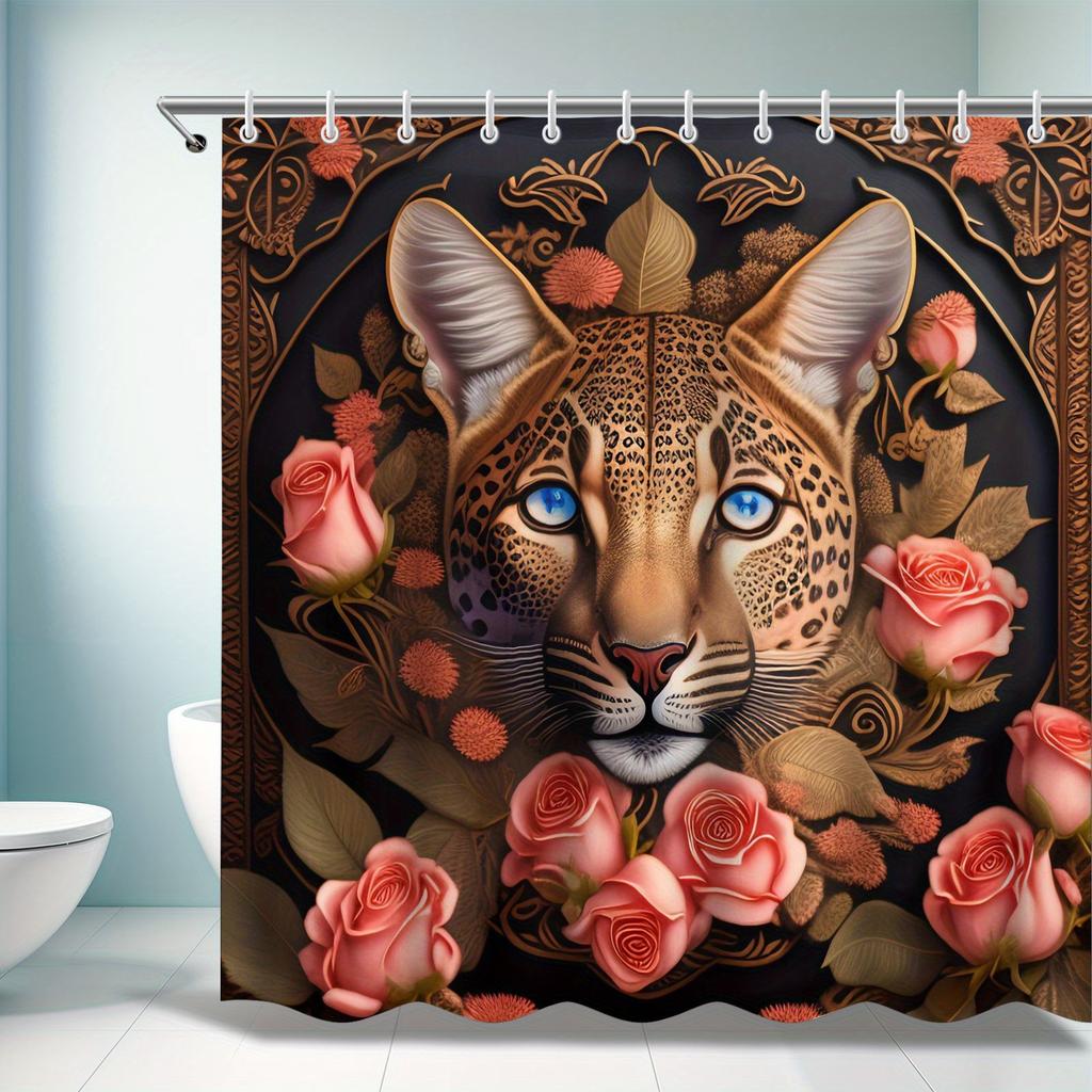 Leopard & Rose Shower Curtain - Vibrant Blue Eyes & Floral Design, Durable Jacquard Polyester, Perfect For Animal Lovers