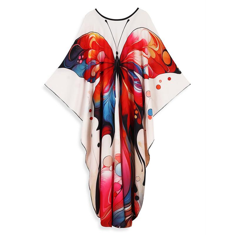 EDOLYNSA 2024 Women's Plus Size Kaftan Beach Maxi Dress Red Butterfly Printed Turkish Robe Summer Holiday Beachwear Bathing Suit Cover Up Q1588