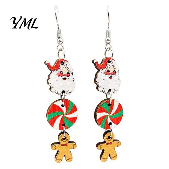 Lightweight Christmas Ornaments 1 Pair Wooden Dangle Drop Earrings for Women, Cute Santa Festive Party Jewelry Gingerbread Candy Cane Earrings,