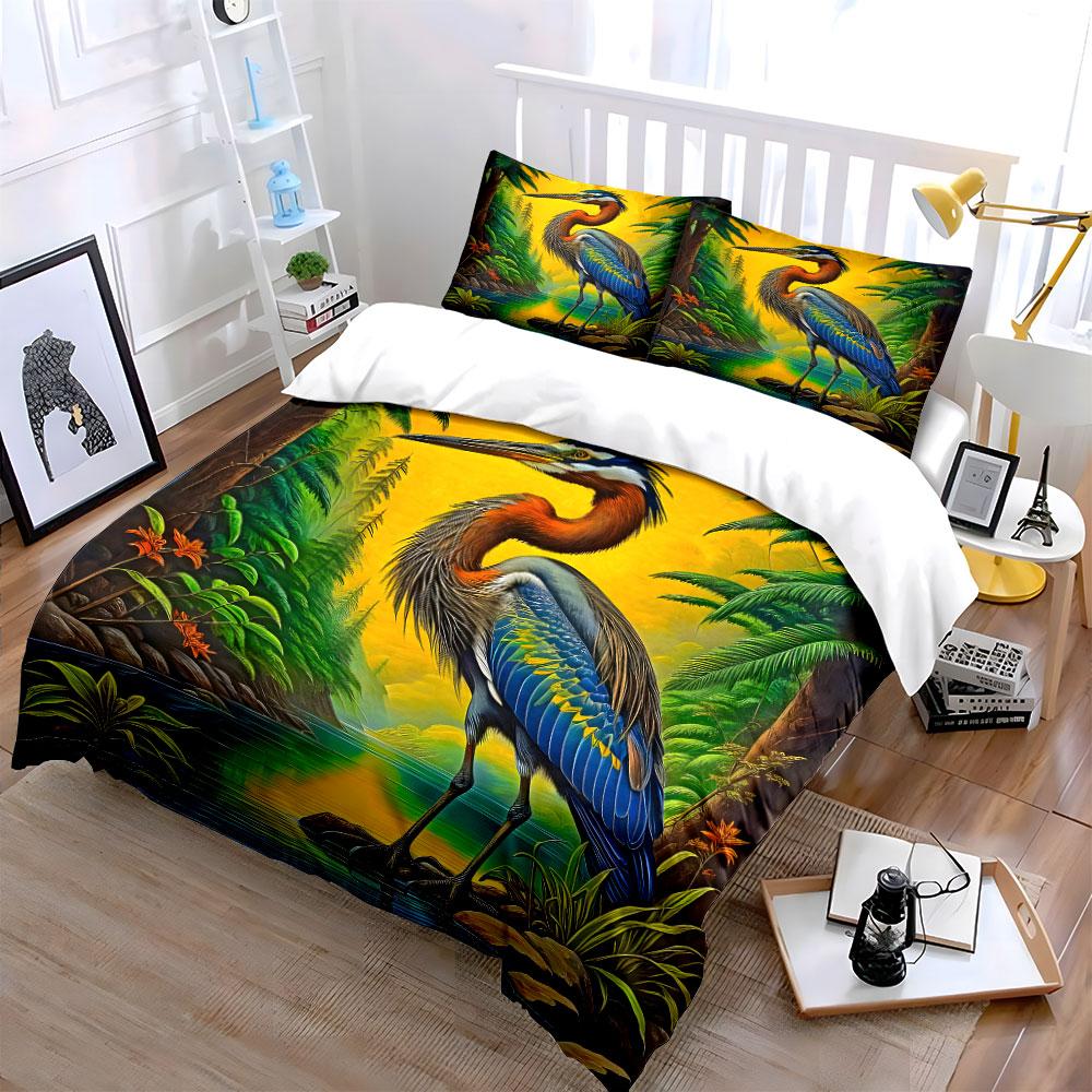Heron Nature Artwork Set Soft Comfortable Duvet Cover Bedding Set Included 1*Duvet Cover & 2*Pillowcases, Gift