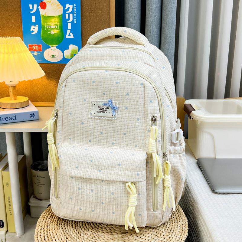 Schoolbag Japanese Fresh Color Sea Salt Blue Plaid Floral Schoolbag Female Sweet Atmosphere Junior and High School Girls Backpack