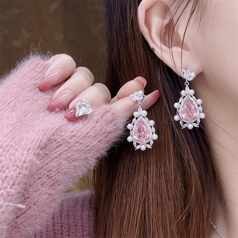 Elegant Pink Diamond & Pearl Three-Piece Jewelry Set: Necklace, Earrings, Ring - High-End, Sweet, Trendy Style