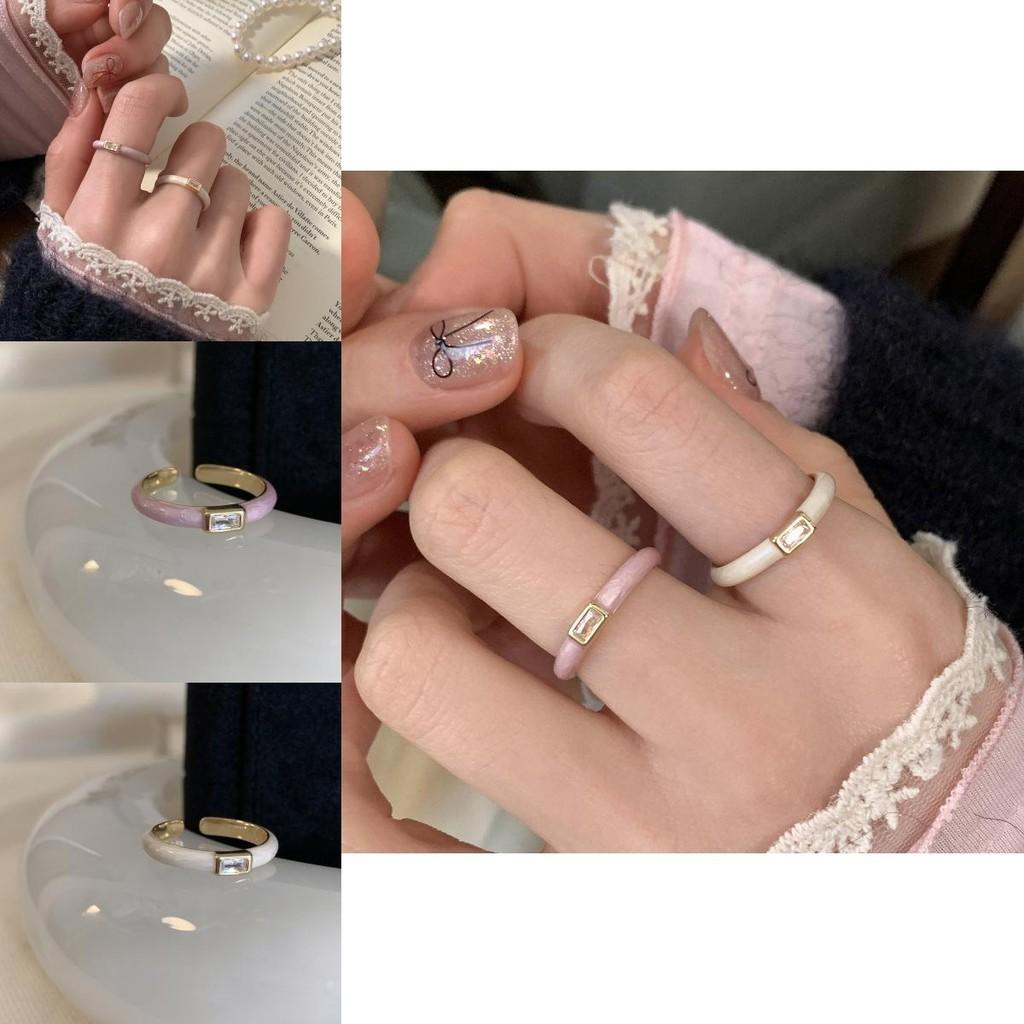 French Contemporary Style Adjustable Copper Ring With Cream Enamel Zirconia And