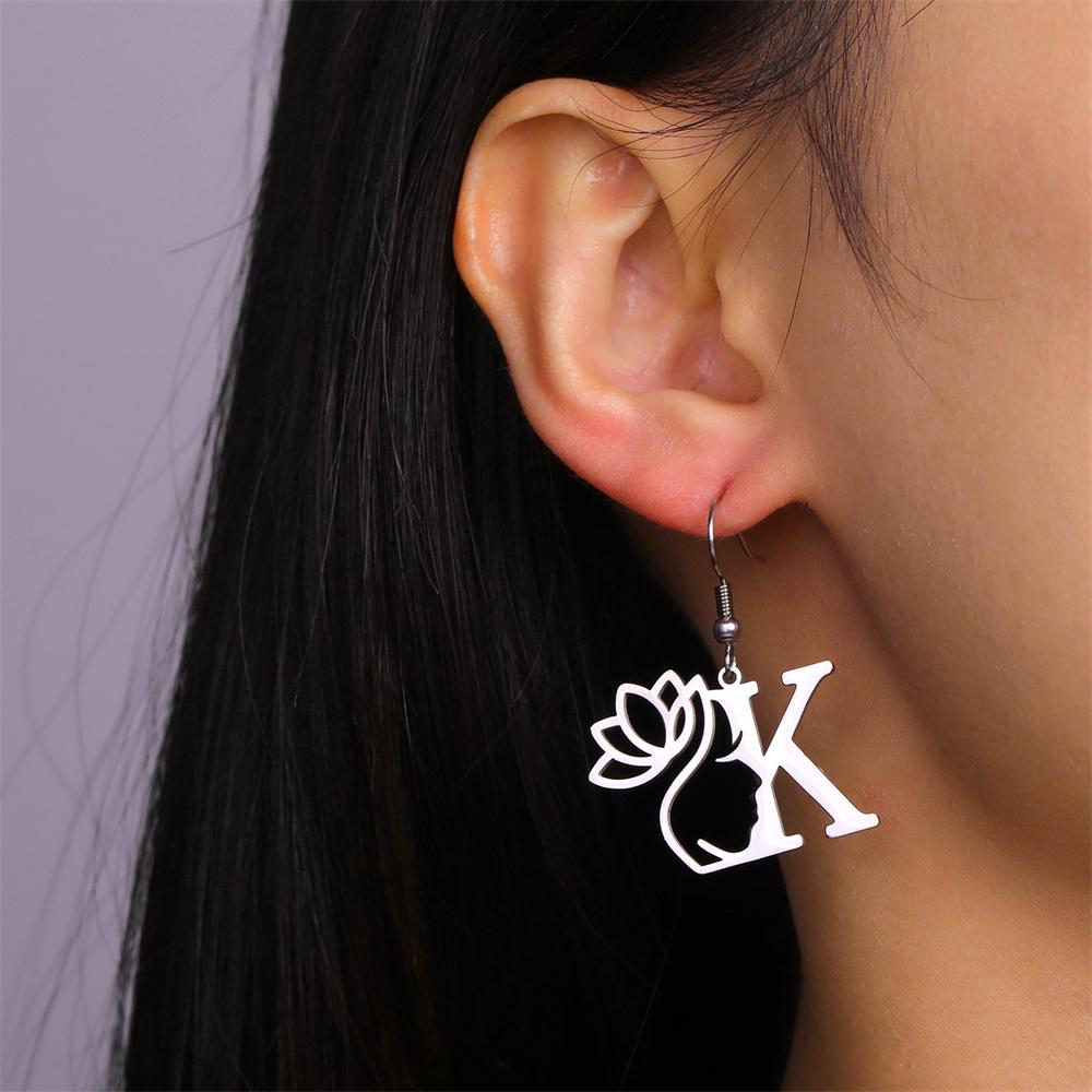 My Shape Beauty Flower Letter Drop Earrings for Women A-Z Alphabet Initials Lotus Stainless Steel Fashion Jewelry Kids Female