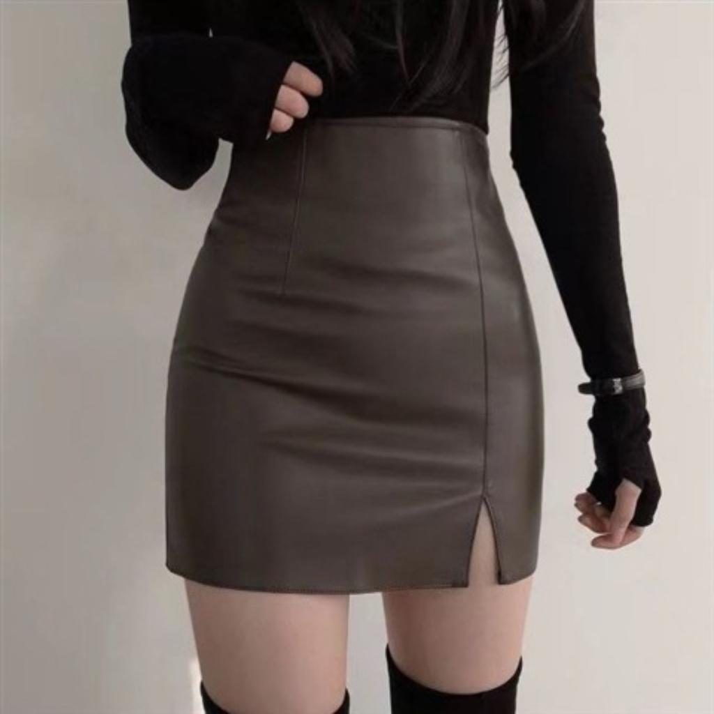 Women's High Waist Pencil Mini Skirt Faux Leather Solid Color Side Split PU Short Skirt
