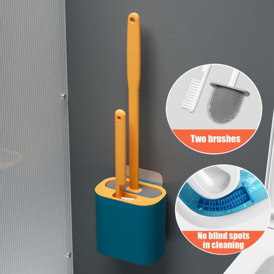 Silicone Toilet Brush Set with L-Shaped Head Long Non-Slip Handles Wall Mounted Holder Compact Bowl Cleaner Brush