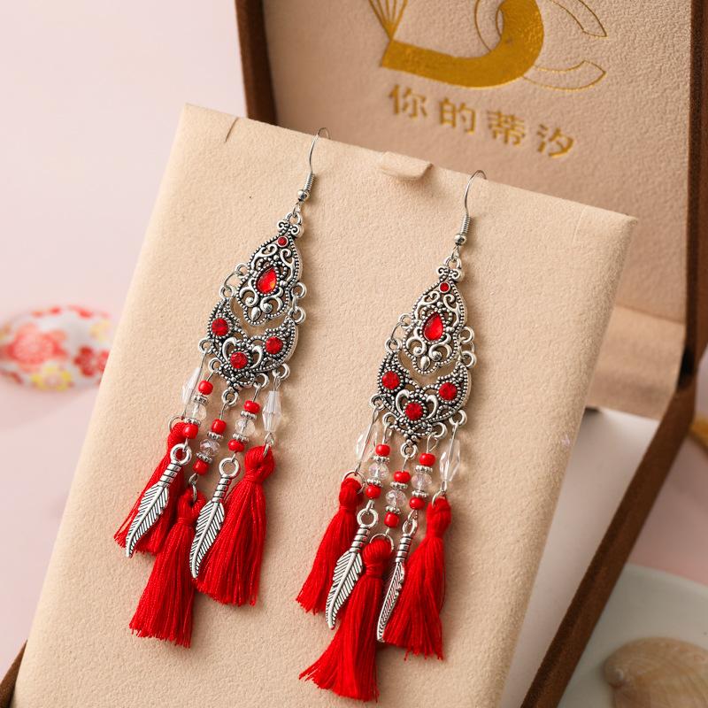 New Ethnic Temperament Tassel Earrings for Women Fashion Long Rhinestone Rice Bead Leaf Dangle Earring Wedding Party Jewelry