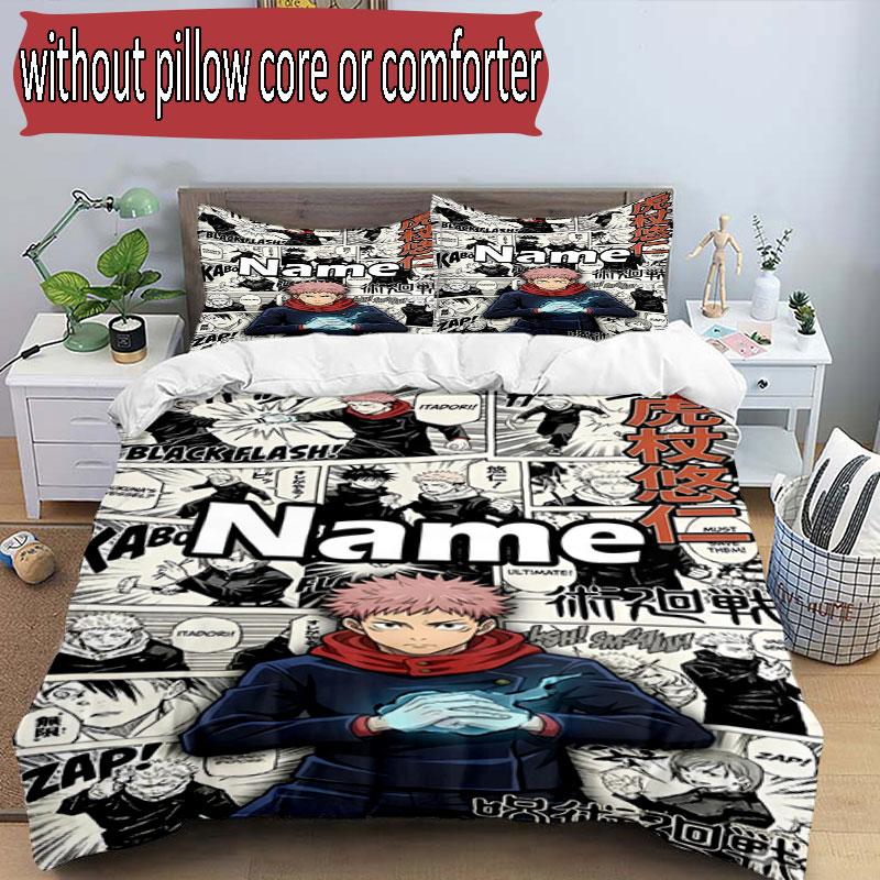 3-teiliges Bettbezug-Set (1 * Bettbezug + 2 * Kissenbezug, ohne Kern), Benutzerdefiniertes Namens-Jujutsu Kaisen-Muster Bettwäsche-Set, Heim-Schlafzimmer-Dekor Geschenk