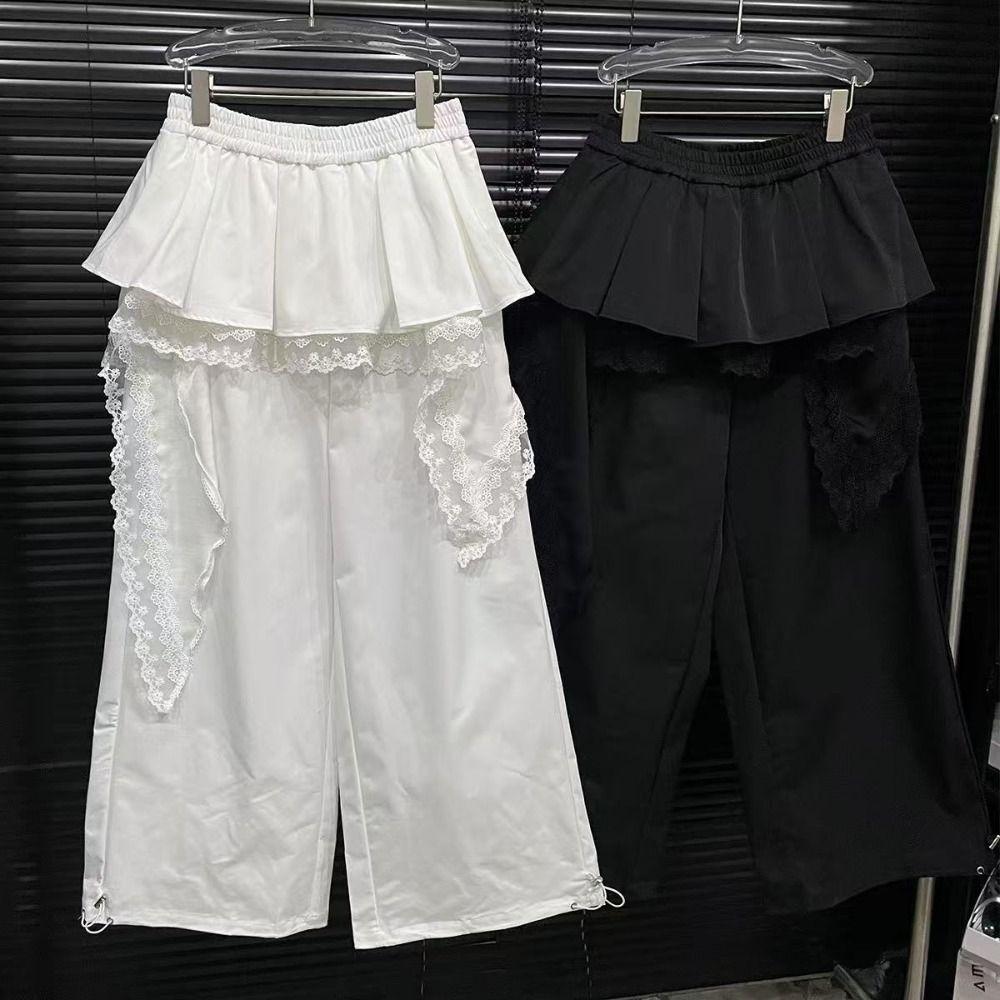 Young Women Lace Tiered Skirt Pants Baggy Wide Leg Trousers Y2k Lace Patchwork Pants  Lady