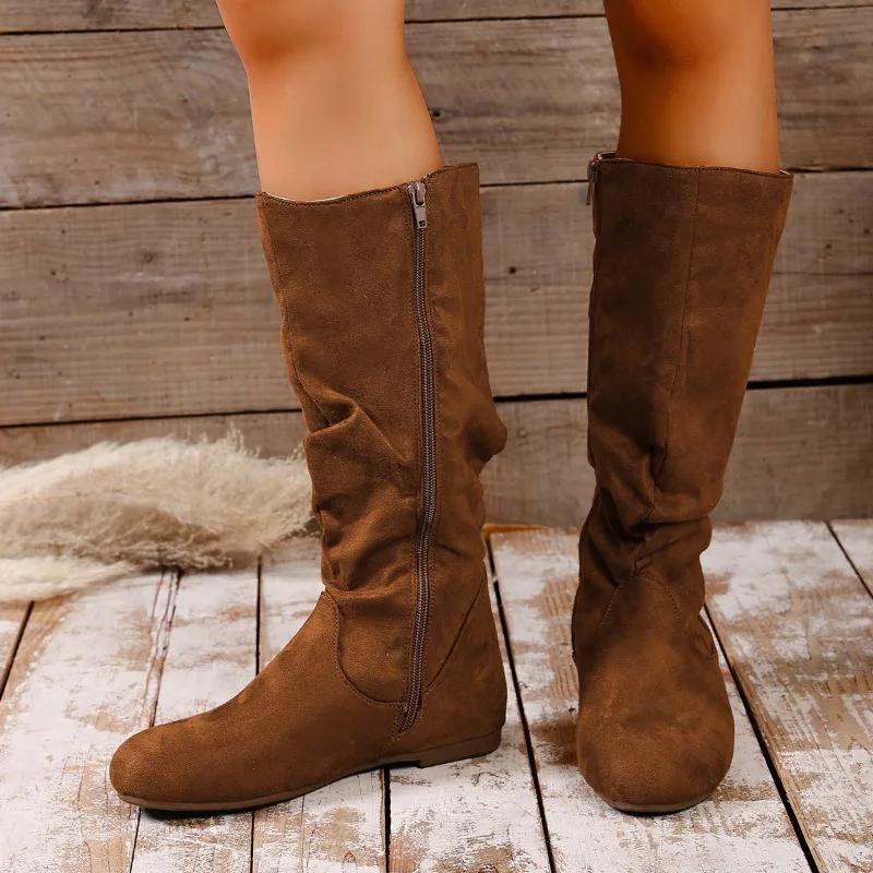 Invierno Nueva Moda Cremallera Lateral Botas Altas Retro Ante Suela Blanda Antideslizante Botas de Moda