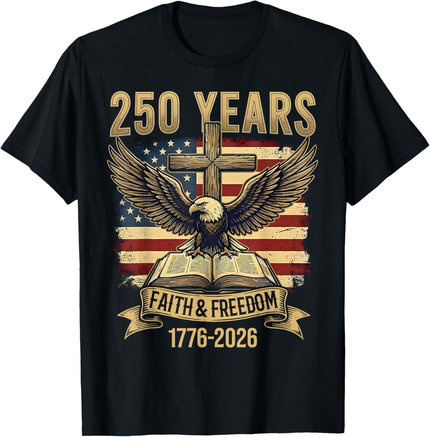 Retro Eagle Faith Freedom 250 Years Christian Cross US Flag T-Shirt S