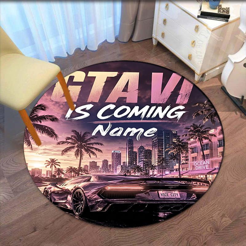 Custom Name GTA 6 Printed Round Rug Carpet Chair Rug Area Rug Entryway Doormats,for Office Chair Living Room Bedroom Kitchen Room.