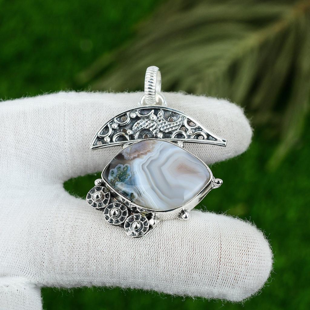 Marquise Solar Moss Agate Gemstone Mother Anniversary Pendant Jewelry 925 Silver