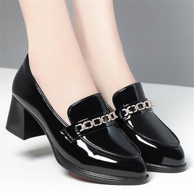 High Quality Pumps for Women Solid Color Thick Heel Soft Leather Shoes Patent Leather British Woman Round Toe High Heels Shoes