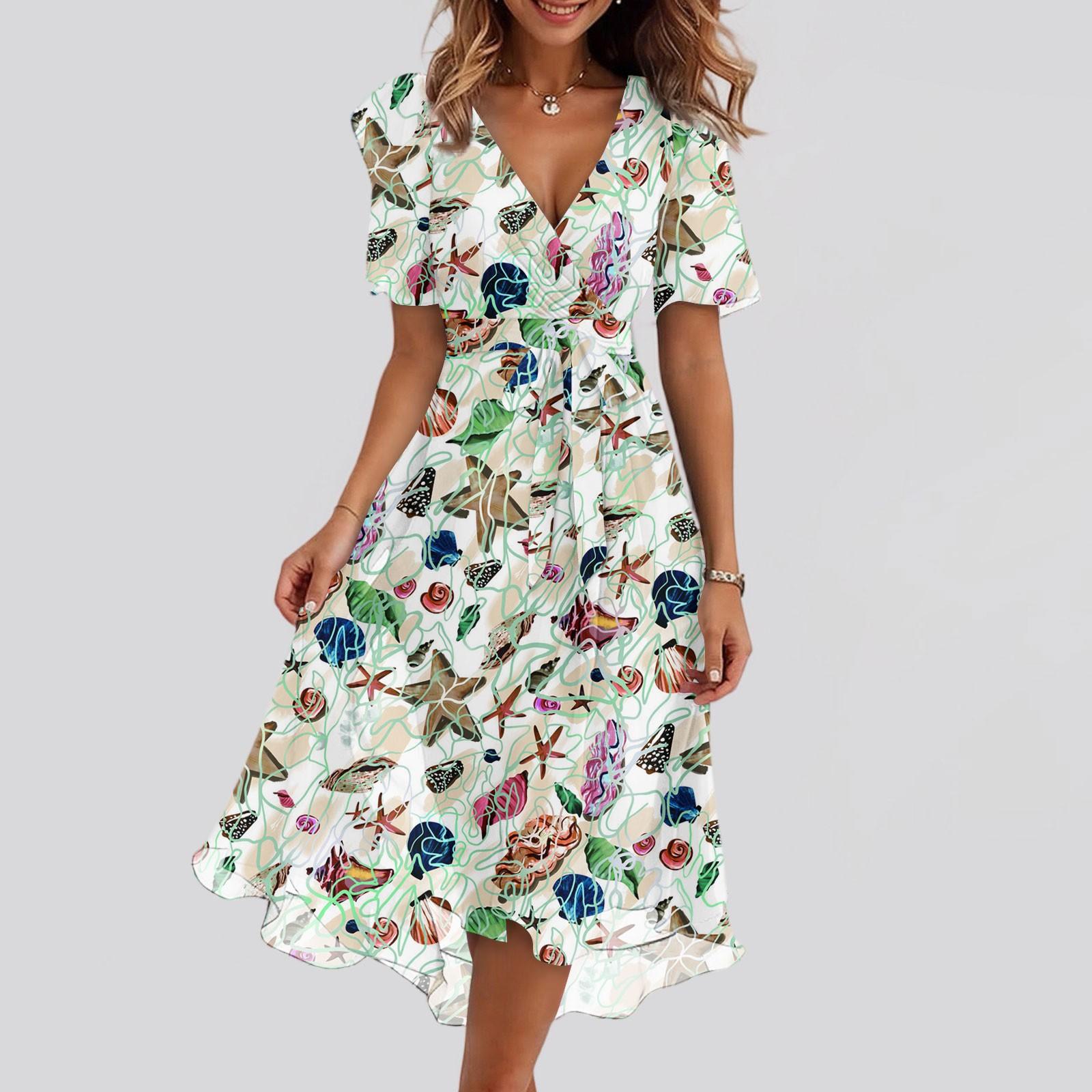 

Женские модные повседневные платья с V-образным вырезом, короткими рукавами и оборками, винтажным принтом M